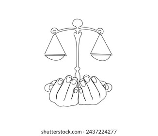 Continuous one line drawing of hand holding judicial scales. Hands hold law scale line art vector illustration. Editable stroke.	