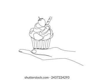 Kontinuierliche eine Linie Zeichnung der Hand halten Muffin Kuchen. Hand hält Cupcake Outine Vektor-Illustration.  