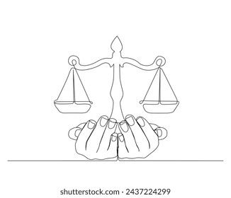 Continuous one line drawing of hand holding judicial scales. Hands hold law scale line art vector illustration. Editable stroke.	