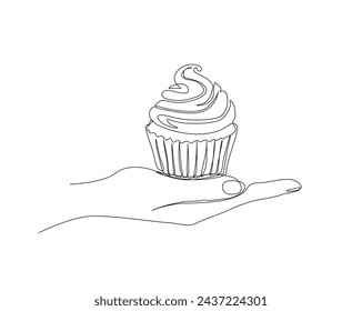 Dibujo continuo de una línea de pastel de magdalenas sosteniendo la mano. Mano sostiene Cupcake ilustración vectorial de rutina.  