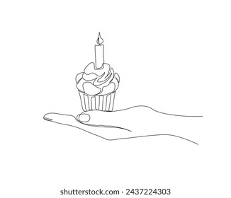 Continuous one line drawing of hand holding muffin cake. Hand holds Cupcake outine vector illustration.  