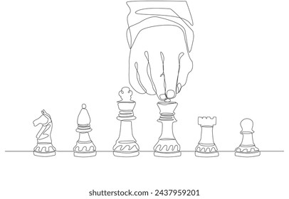 Continuous one line drawing of hand choosing chess piece, business strategy and management concept, single line art.