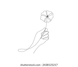 Continuous one line drawing of hand holding poppy flower Poppies flower single outline vector illustration. Editable stroke.