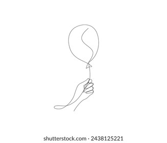 Continuous one line drawing of hand holding air balloon. Balloon outline vector illustration.	