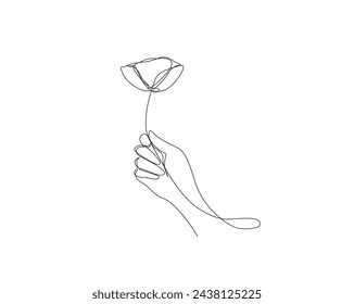 Continuous one line drawing of hand holding poppy flower Poppies flower single outline vector illustration. Editable stroke.