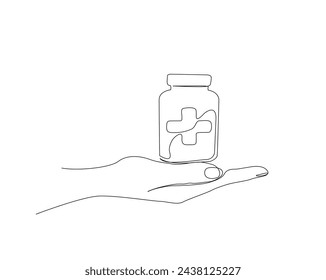 Dibujo continuo de una línea de la botella de la droga de la mano Medicamentos médicos, farmacia, ilustración vectorial de arte de la línea de la salud y del cuidado. Trazo editable.