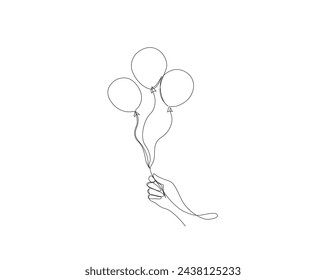 Continuous one line drawing of hand holding air balloons. Balloons outline vector illustration.	