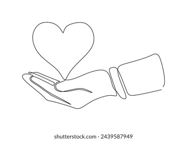 Continuous one line drawing hand holding heart Charity symbol