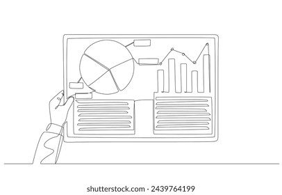 Continuous one line drawing of hand holding statistical report chart, business data analysis, marketing researching concept, single line art.
