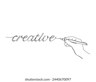 Continuous one line drawing of hand with pen writing creative word. write creative word in single outline vector illustration. Editable stroke.