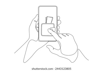 Continuous one line drawing of hand holding smart phone with wallet on screen, mobile banking or digital wallet concept, single line art.