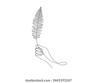 Continuous one line drawing of hand holding tropical leaf. Hand holds Polypodiales leaf outline design.  Editable stroke.