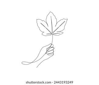Continuous one line drawing of hand holding tropical leaf. Hand holds maple leaf outline design.  Editable stroke.