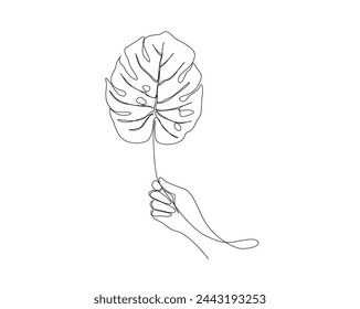 Continuous one line drawing of hand holding monstera leaf. Hand holds Philodendron Monstera leaf single outline vector illustration. Editable stroke.