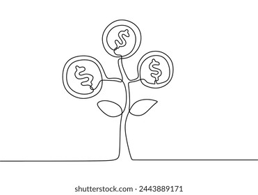 Continuous one line drawing hand with money plant.