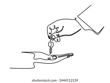 Mano de dibujo continuo de una línea sosteniendo una tecla de casa con trazado de recorte. Bienes raíces. Mano femenina que sostiene la llave de la casa aislada en blanco. Comprando la casa. Gráfico de Vector de diseño de línea simple