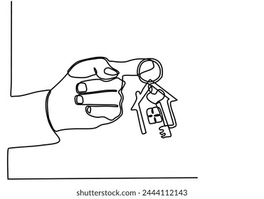 Continuous one line drawing hand holding a house key with clipping path. Real estate. Female hand holding key from house isolated on white. Buying the house. Single line draw design vector graphic