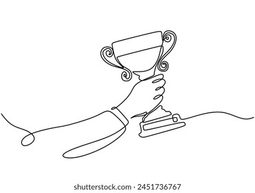 Kontinuierliche eine Linie Zeichnung der Hand halten Pokal Cup Wettbewerb. Minimalistische Vektorillustration.