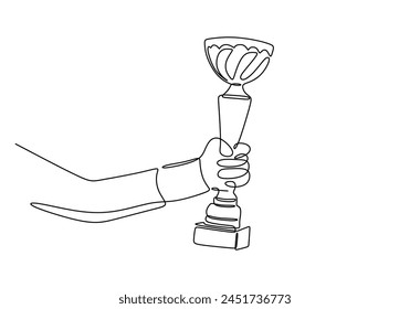 Continuous one line drawing of hand hold trophy cup competition