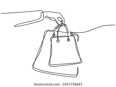 Continuous one line drawing of hand hold Shopping bags