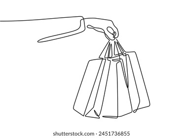 Continuous one line drawing of hand hold Shopping bags