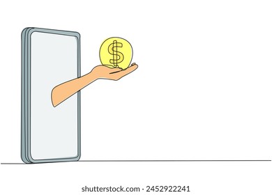 Continuous one line drawing the hand comes out from the middle of the smartphone holding the coin. No need to pay a fortune because get lots of discounts. Single line draw design vector illustration