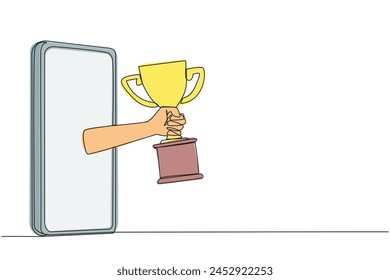 Continuous one line drawing hand comes out from middle of smartphone holding trophy. Seller receive reward from buying and selling service provider application. Single line design vector illustration