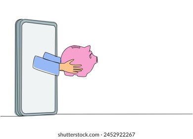 Continuous one line drawing the hand comes out from the middle of the smartphone holding the piggy bank. Check piggy bank before making online transaction. Single line draw design vector illustration