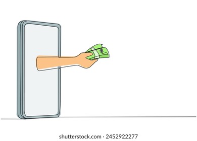 Continuous one line drawing hand comes out from the middle of the smartphone holding banknotes. Choose necessities online. Cash on delivery. Online stuff. Single line draw design vector illustration