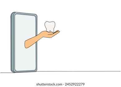 Continuous one line drawing hand comes out from middle of smartphone holds molars. Online dentist application. Consultation from smartphone. Dental health. Single line draw design vector illustration