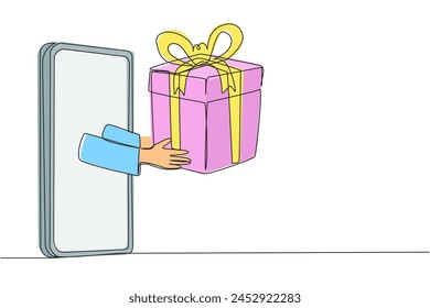 La mano de dibujo continua de una línea sale de la mitad de la caja del paquete de sujeción del smartphone. El embalaje seguro garantiza que las compras lleguen con seguridad. Cosas en línea. Ilustración vectorial de diseño de dibujo de una sola línea