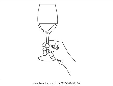 Continuous one line drawing of a hand holding a wine glass. Vector illustration.	