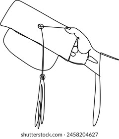 Continuous one line drawing of hand holding graduation hat