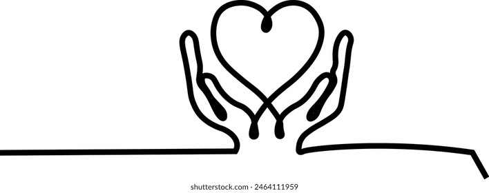 Continuous one line drawing hand holding heart. Charity donation linear symbol. Vector isolated on white.