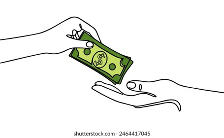 Continuous one line drawing hand receives money from the other hand. Wealth and prosperity concept. Vector illustration.