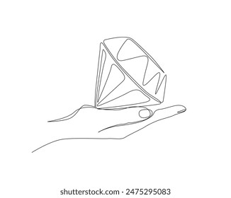 Dibujo continuo de una línea de mano sosteniendo el diamante. Mano sostiene la piedra preciosa del diamante en Ilustración vectorial de una sola línea. Trazo editable.