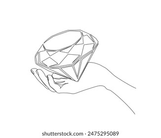 Continuous one line drawing of hand holding diamond. Hand holds diamond gemstone in single line vector illustration. Editable stroke.