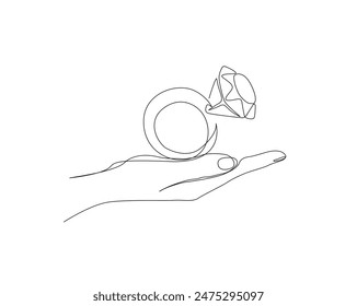 Continuous one line drawing of hand holding diamond ring. Hand holds diamond wedding ring in single line vector illustration. Editable stroke.