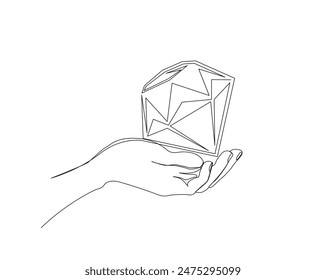 Dibujo continuo de una línea de mano sosteniendo el diamante. Mano sostiene la piedra preciosa del diamante en Ilustración vectorial de una sola línea. Trazo editable.