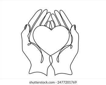 Continuous one line drawing hand holding heart. Charity donation linear symbol. Vector isolated on white background