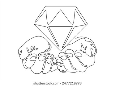 Continuous one line drawing of hand holding diamond. Hand holds diamond gemstone in single line vector illustration. Editable stroke.