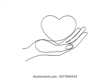 Continuous one line drawing hand holding heart. Charity donation linear symbol. Vector isolated on white background