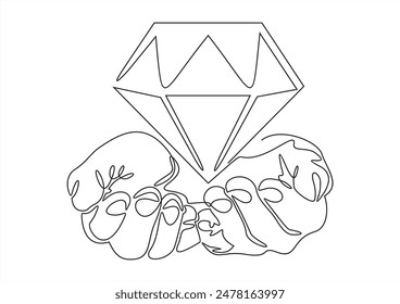 Dibujo continuo de una línea de mano sosteniendo el diamante. Mano sostiene la piedra preciosa del diamante en Ilustración vectorial de una sola línea. Trazo editable.