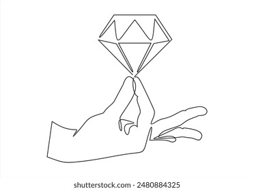 Continuous one line drawing of Hand holding a brilliant, diamond. Can used for logo, emblem, slide show and banner.One line vector illustration.