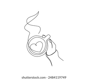 Continuous one line drawing of Hand Holding a Cup of Coffee. Hand holds a cup of latteart coffee outline vector illustration. Editable stroke.