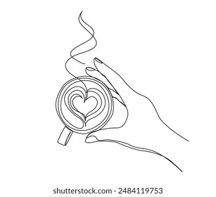 Continuous one line drawing of Hand Holding a Cup of Coffee. Hand holds a cup of latteart coffee outline vector illustration. Editable stroke.