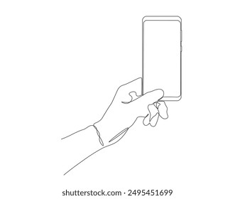 Continuous one line drawing of hand holding a phone. Single line drawing illustration of holding phone. Smartphone, Handphone, Hand holding concept line art. Editable outline