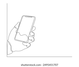 Continuous one line drawing of hand holding a phone. Single line drawing illustration of holding phone. Smartphone, Handphone, Hand holding concept line art. Editable outline
