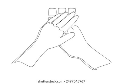 Continuous one line drawing of hand pressing code while other hand covering it, password theft protection when using atm or payment terminal concept, single line art.
