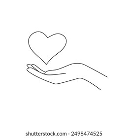 Continuous One Line Drawing of Hand with Heart. Love Symbol Single Line Art Drawing. Hand and Heart Minimal Line Illustration. Modern Minimalist Contour Illustration. Vector EPS 10.